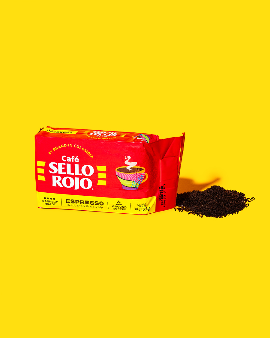 sello rojo espresso blend brick on yellow background